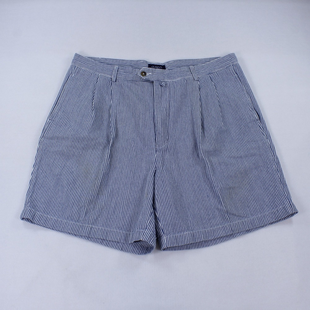 Gant Men's Seersucker Pleated Shorts Blue White Striped Size 40